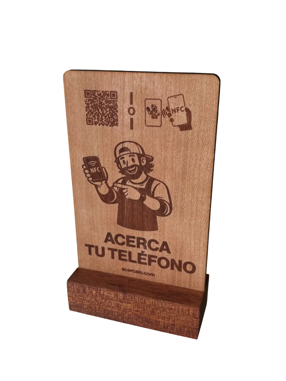 Tarjeta de mesa de Acércalo con QR y NFC